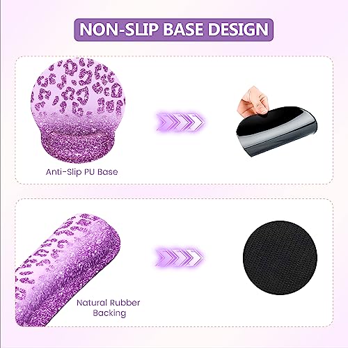 iLeadon Mouse Pad Set, Desk Mat + Mouse Pad with Wrist Rest + Keyboard Wrist Rest + Coaster, 4in1 Large Gaming Mouse Pad Glitter Leopard Mouse and Keyboard Pad Set for Home Office, Purple - color: Purple