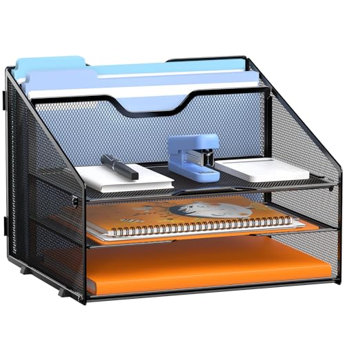 GAWERK Letter Tray Organizer, Mesh Desk File Organizer with 3 Paper Trays and 2 Vertical Upright Section, Blank - color: Black