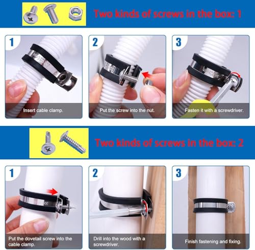 Twidec/136PCS Cable Clamps Assortment Kit 304 Stainless Steel Rubber Coated Cushion Clamps 10 Sizes 1/4" 5/16" 3/8" 1/2" 5/8" 3/4" 1" 1-1/4" 1-1/2" 1-3/4" With Screw For Automotive Wire Pipe Clamps - size: Multi-Size - 136 PCS