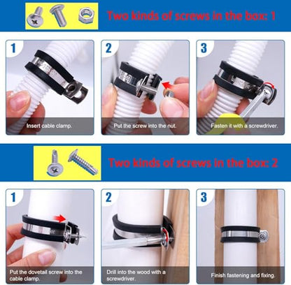 Twidec/136PCS Cable Clamps Assortment Kit 304 Stainless Steel Rubber Coated Cushion Clamps 10 Sizes 1/4" 5/16" 3/8" 1/2" 5/8" 3/4" 1" 1-1/4" 1-1/2" 1-3/4" With Screw For Automotive Wire Pipe Clamps - size: Multi-Size - 136 PCS