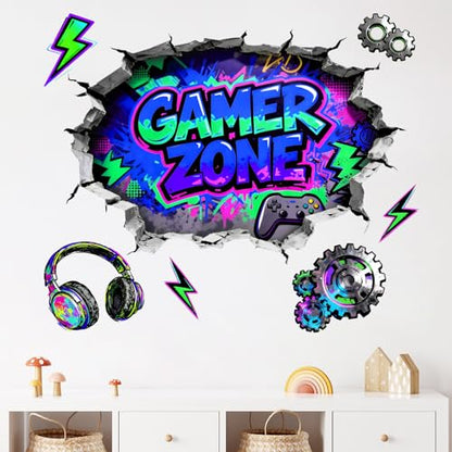 Mfault 3D Gamer Zone Broken Wall Decals Stickers, Video Game Controller Earphone Nursery Decorations Boys Bedroom Art, Cool Gear Lightning Kids Teen Men Gaming Room Playroom Home Decor