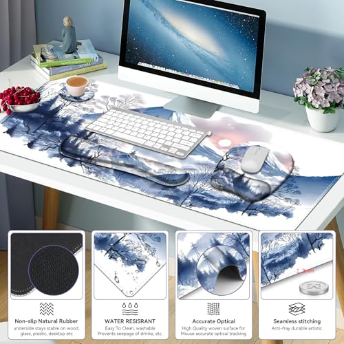 4 in 1 Large Mouse Pad, Keyboard Wrist Rest Set, Ergonomic Mouse Pad with Wrist Support, Desk Mat with Stitched Edges Extended Desk Pad Waterproof Desk Mat for Home Office Game I Snowy Mountain Sun - color: Snowy Mountain Sun