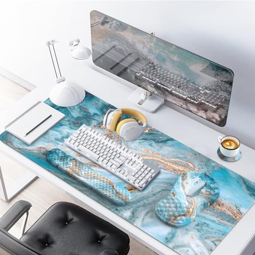 Desk Mat for Keyboard and Mouse, Large Mouse Pad with Wrist Rest and Keyboard Pad, 4PCS Carpal Tunnel Keyboard Wrist Support, Computer Mousepad for Laptop, Teal Blue Turquoise Marble - color: Marble Teal Blue Turquoise Gold