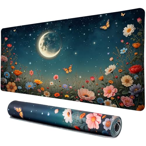 Vimorco Waterproof Desk Pad,XXL Large Mouse Extended Gaming Mousepad with Anti-Slip Rubber Base,Computer Laptop Keyboard Mouse Mat for Women Girls Work,Game,Office,31.5 x 15.7 inch,Black Moon Flowers - color: Black Moon Flowers