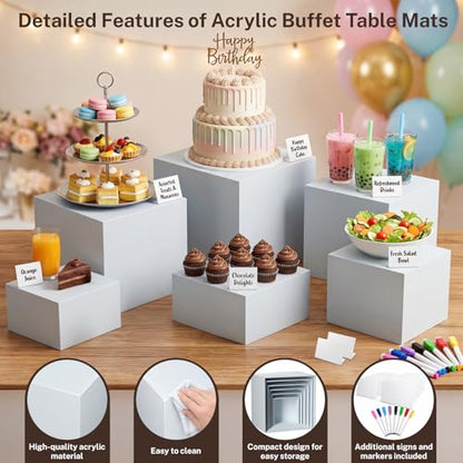 6 Pcs White Acrylic Buffet Risers with Mini Sign and Marker, Food Risers Display Stands for Buffet Table Party Catering Dessert Jewelry Collectibles,Acrylic Cube Nesting Boxes with Hollow Bottoms 6 Sizes (10" 9" 8" 7" 6" 5") - size: 10" 9" 8" 7" 6" 5"