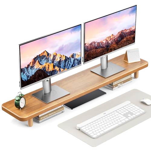 Dual Monitor Stand Riser, 39 Inch Extra Long Wooden Desktop Monitor Riser with Storage for 2 Monitors Ultra Strong Desk Shelf Organizer Riser Ergonomic for 2 Screens/Laptop/PC/TV/Printer (Light Walnut, 39inches) - color: Light Walnut