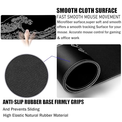 Japanese Sea Wave Mouse Pad for Gaming, Large Mouse Pad Extended (31.5X 15.75 INCH) Non-Slip Rubber Base & Stitched Edge for Computers Laptop Home Office Accessories - color: Sea wave