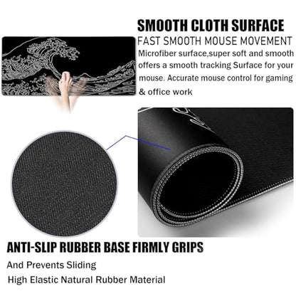 Japanese Sea Wave Mouse Pad for Gaming, Large Mouse Pad Extended (31.5X 15.75 INCH) Non-Slip Rubber Base & Stitched Edge for Computers Laptop Home Office Accessories - color: Sea wave