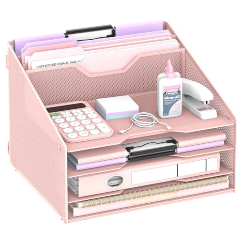 Desk File Organizer, Paper Organizer with 4 Letter Trays and 2 Vertical Upright Sections, Desk Organizers and Accessories for Office, School, Home (Pink) - color: Pink