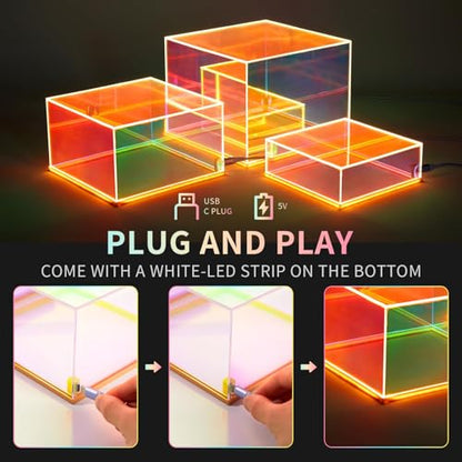 3Pcs Iridescent Acrylic Display Riser with LED light Plug and Play | Lighted Stackable Acrylic Cube Boxes Stand with Hollow Bottom for Figures Jewelry Perfume Purse Liquor Food Buffet Riser - color: Iridescent-LED light-3pcs