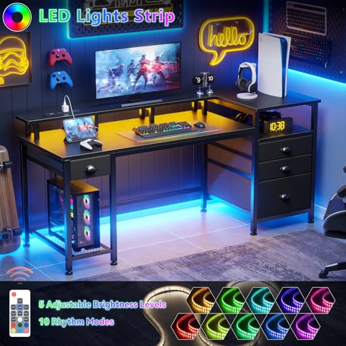 Furologee 60" Black Computer Desk with 4 Drawers and Printer Space, Gaming Desk with LED Lights and USB Power Outlets, Home Office Desk with Fabric File Cabinet,Study Work Table with Shelf for Bedroom - color: Black