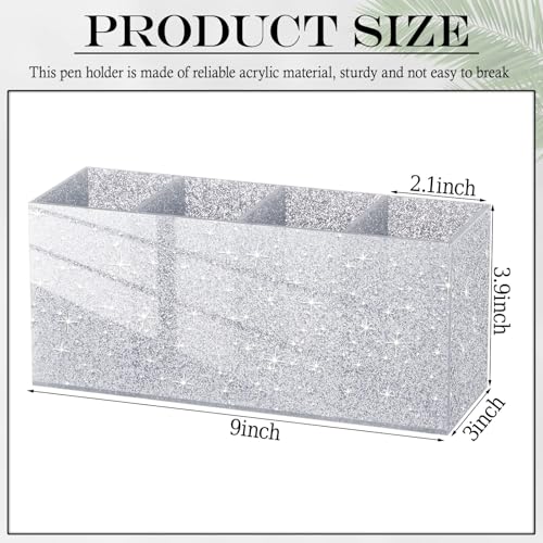 Jetec Acrylic Glitter Silver Pen Holder 4 Compartments Bling Makeup Brush Stationery Organizer Pencil Holder for Desk Accessories Sparkly Gifts for Women Back to School Birthday Desktop Office - color: Glitter Silver