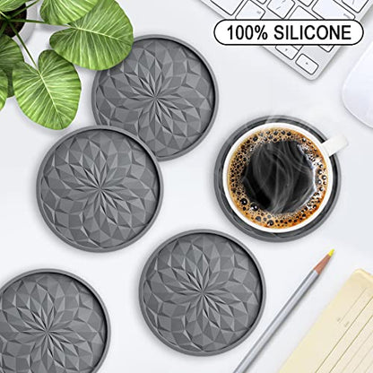 ME.FAN Silicone Coasters with Holder,[6 Pack] Drinking Coasters - Cup Mat for Hot or Cold Drinks, Thickened, Non-Slip, Non-stick,Deep Tray Dark Grey - color: Dark Gray