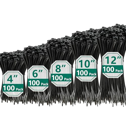 MasiStran 500 PCS Zip Ties Assorted Sizes 4+6+8+10+12 Inch Self-locking Nylon Cable ties Outdoor, UV Resistant Wire Straps for Home Office Garden Workshop Indoor Outdoor Fence(Black) - color: Black, size: 4+6+8+10+12 inch(500pcs)