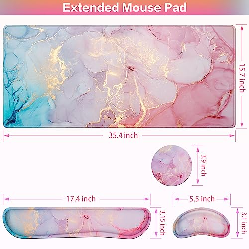 Mouse Pad Pink, Mouse Pad with Wrist Rest, 4-in-1 XXL Extended Large Desk Mat +Mousepad with Gel Wrist Support+Keyboard Wrist Rest+Coaster,Ergonomic Desk Pad for Study Gaming Home Office Computer - color: Pink Blue Marble