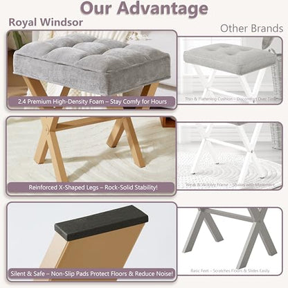 Royal Windsor Vanity Stool,Square Ottoman Stool Foot Rest,Upholstered Vanity Chair Foot Stool with Metal X Legs, Small Vanity Seat for Entryway,Bedroom and Living Room,Light Grey+Yellow - color: 12.6"d Light Grey+yellow