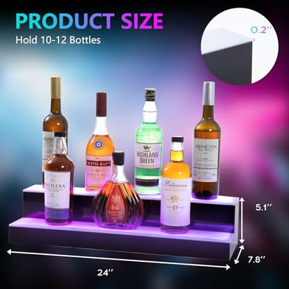 Led Lighted Liquor Bottle Display Shelf, 24 Inch 2 Tier Whiskey Rack, Support USB, Bar Stand with RF Remote & App Control, Illuminated Acrylic Lighting Shelves for Home Bar, Party - size: 24" 2 step