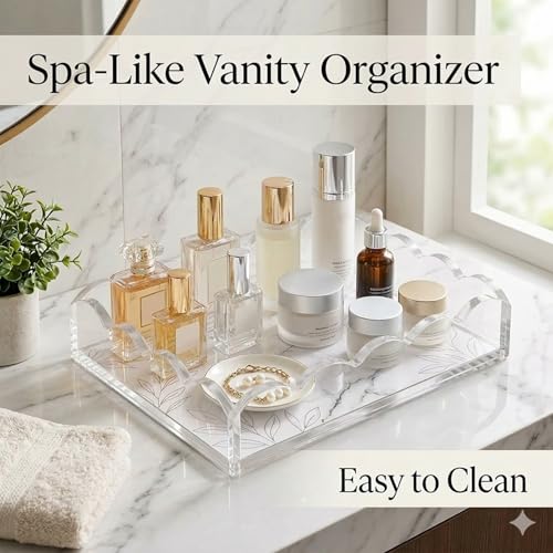 Scalloped Acrylic Tray with Magnetic Mat - 7x5 inch Photo Display Tray, Customizable Vanity Tray for Bathroom Counter, Home Office Desk Organizer, Outdoor Serving Tray, Catchall for Jewelry & Keys - size: 7" x 5" x 2"