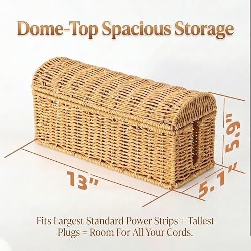 Handwoven Rattan Cable Management Box - Box to Hide Cords and Power Strip, Treasure-Box Dome-Top, Metal Baked Enamel Skeleton, Decorative Home Organizer
