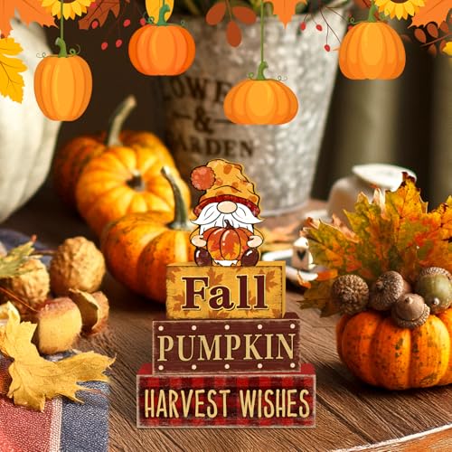 4 Pcs Fall Decorations for Home Thanksgiving Gnome Tiered Tray Decor, Fall Table Decor Farmhouse Rustic Wooden Gnome Pumpkin Block Sign Autumn Tabletop Centerpieces for Home Kitchen Indoor - style: Gnome