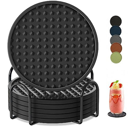 Coasters for Drinks 6 Pack Drinking Coaster with Holder,Heat Resistant Silicone Cup Mat Tabletop Protection,Non-Slip Rubber Coasters for Kinds of Cups (Black) - color: Black-metal Holder