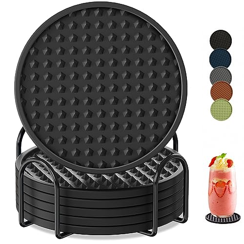 Coasters for Drinks 6 Pack Drinking Coaster with Holder,Heat Resistant Silicone Cup Mat Tabletop Protection,Non-Slip Rubber Coasters for Kinds of Cups (Black) - color: Black-metal Holder