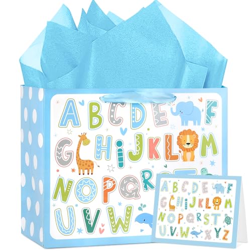 Hooqict Large Baby Boy Girl Gift Bag with Tissue Paper and Greeting Card, Reusable Baby Shower or Happy Birthday Gift Wrap Bag with Handle for Parties - 11.8" x 9.4" x 5.4” - color: Baby
