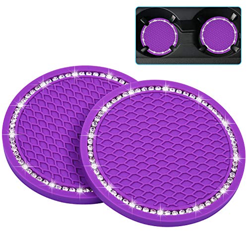 Bling Car Coasters, Wisdompro 2 Pack PVC Car Cup Holder Insert Coaster - Anti Slip Universal Vehicle Interior Accessories Crystal Glitter Cup Mats for Women and Men (2.75" Diameter, Purple) - color: Purple
