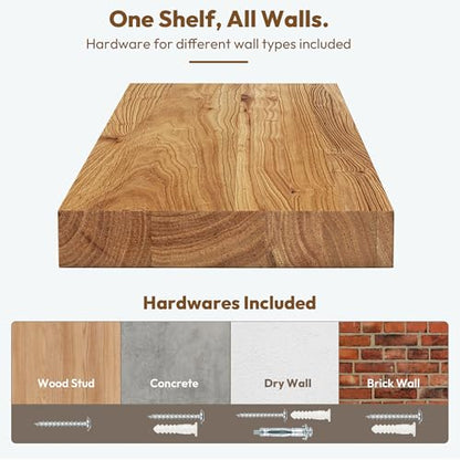 Flat Edge Elm Wood Floating Shelf with Invisible Bracket 55”Natural - color: Natural, size: 55”,set of 1