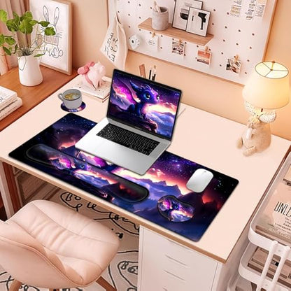 Large Mouse Pad + Keyboard Wrist Rest Set, Extended Gaming Mousepad (31.5X11.8 inch) with Non-Slip Rubber, Ergonomics Memory Foam Mouse Wrist Rest Support, Cute Baby Dragon Pattern XXL Desk Pad - color: Yu-Mouse Pad-3-B49