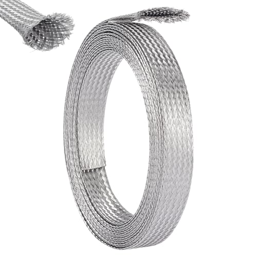 UNICRAFTALE 0.59" Wide Stainless Steel Braided Sleeving Braid 13.12 Feet Cable Wire Shielding Sleeve Ground Straps Protection Metal Mesh Flexible Expandable Scalable Ribbon Wire for Protect Cable - size: 4m x 15mm