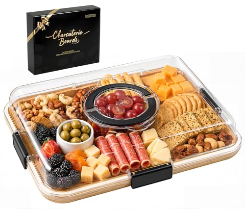 Renmxj Carbonized Charcuterie Board with Clear Lid, Portable Cheese Board Charcuterie Boxes Cutting Boards for Kitchen, House Warming Gifts New Home, Gifts for Women (Carbonized Bamboo, 1 Compartment) - color: Carbonized Bamboo, size: 1 Compartment