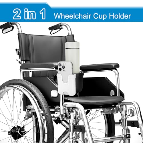Accmor 2-in-1 Wheelchair Cup Holder, Walker Cup Holder with Phone Holder, Universal Drinks Holder for Stroller, Mobility Scooter, Rollator, Walker, Wheelchair Accessory - color: Black Silver