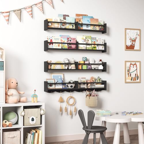34Inch Nursery Bookshelves,Set of 4,Wall Floating Shelf Kids Coat Rack with 6Hooks,Hanging Book Shelf for Baby Nursery Room Décor ，Patent Number: 29958098(Black, 34) - color: Black