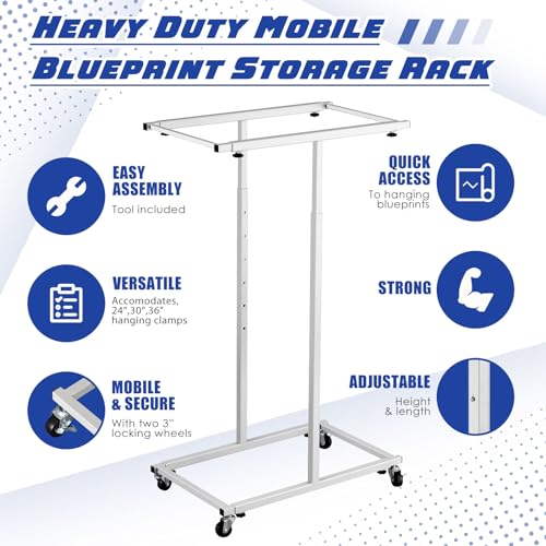 Kolldenn Mobile Blueprint Storage Rack Adjustable Holder with 6 Pcs Blueprint Clamps 4 Wheels Storage Organizer Stand for File Display Plan Office Home(30 Inch) - size: 30 Inch
