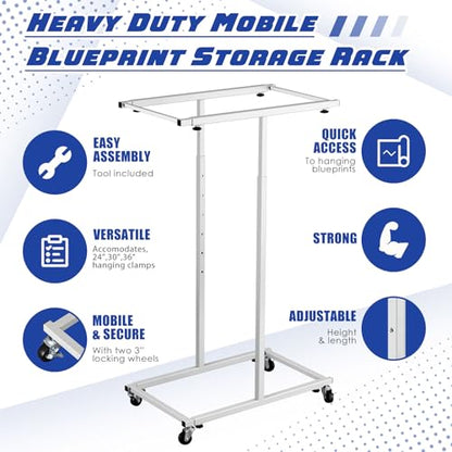Kolldenn Mobile Blueprint Storage Rack Adjustable Holder with 6 Pcs Blueprint Clamps 4 Wheels Storage Organizer Stand for File Display Plan Office Home(30 Inch) - size: 30 Inch