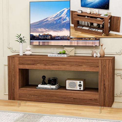 TV Stand Cabinet Up to 65 inch with Conceals Storage, Woodgrain, Brown | TV cabinet with 2 Push-Open doors and 2 drawers, entertainment center, storage cabinet, modern style, living room, office - color: Woodgrain Brown, size: 55.12"W*13.78"D*27.56"H