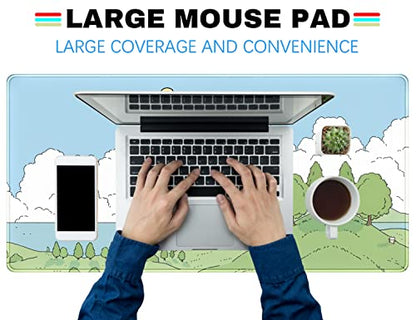 Cute Anime Desk Mat Kawaii Mousepad, Anime Street Aesthetics Desk Pad XXL, Japanese/Korean Lo-fi Drawing, Cute Green Blue Nature Mouse Pad Computer Keyboard Mat, Office Desk Pad Protector - color: A-cyan Cute Anime