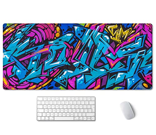 SSOIU Extended Gaming Mouse Pad - Non-Slip Water-Resistant Rubber Base Computer Keyboard Mouse Mat, 35.5 x 15.7-inch XX-Large Desk Mat, Ideal Partner for Work & Game, Beautiful Street Art Graffiti - color: Street Art Graffiti