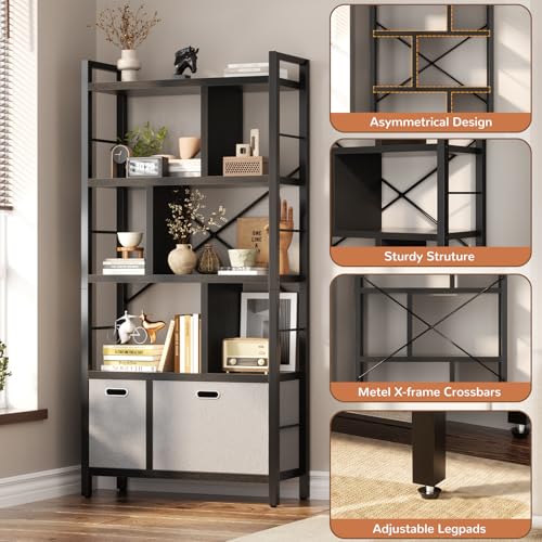 Armocity Bookshelf with Drawers - 5 Tier Tall Bookcase Geometric Modern Book Shelf Display Standing Bookshelves with Storage for Living Room, Bedroom Home Office, Black - color: Black