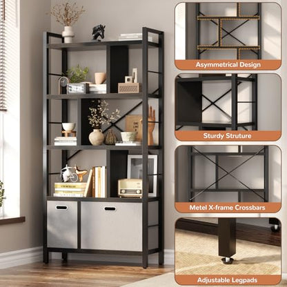 Armocity Bookshelf with Drawers - 5 Tier Tall Bookcase Geometric Modern Book Shelf Display Standing Bookshelves with Storage for Living Room, Bedroom Home Office, Black - color: Black