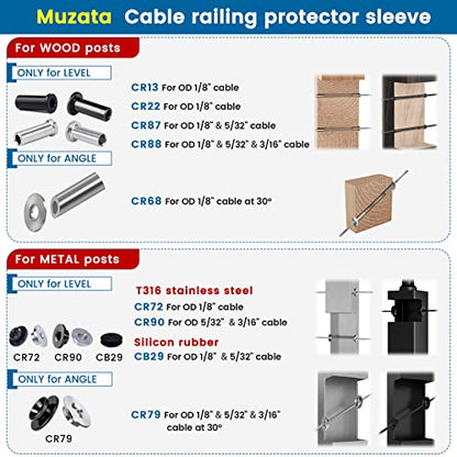 Muzata 20 Pack 1/8" Level Wheel Black Cable Railing Grommets ONLY for Level 1/8" Wire Rope T316 Stainless Steel Protector Sleeves Deck Cable Railing Hardware Kit Metal Posts CR72 - size: 20P, style: Black For Level