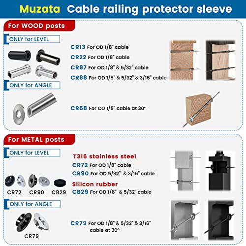 Muzata 40 Pack 1/8" Level Wheel Cable Railing Grommets ONLY for Level 1/8" Wire Rope T316 Stainless Steel Protector Sleeves Deck Cable Railing Hardware Kit Metal Posts CR72 - size: 40P, style: Silver For Level