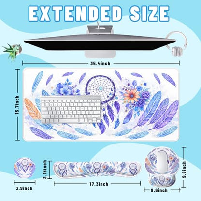 Boho Dreamcatcher Desk Mat Set Watercolor Purple Feather Floral Mouse Pad with Wrist Rest 4in1 Desk Mat for Desktop Ergonomic Computer Desk Arm Wrist Anti-Slip Computer Mouse Pad Home Office Gaming - color: Boho Dreamcatcher