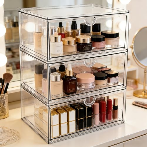 Prsildan Acrylic Makeup Organizer, 3 Pack Stackable Clear Storage Drawers for Baby Bottles Desk Organizers with 3 Drawers for Countertop Vanity Nursery Modular System for Cosmetics Jewelry - style: Style1-3Drawers