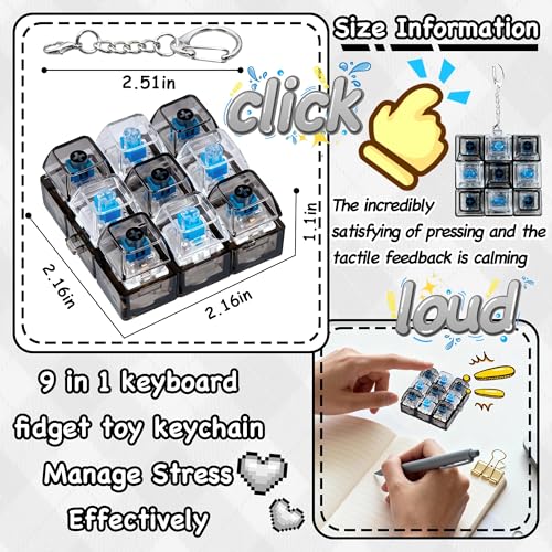Keyboard Fidget Toy, Keyboard Keychain Fidget Toys, 9-in-1 Clicker Fidget Toy, Stress Relief Desk Decompression Button, Anxiety Relief Valentine's Day Gifts (2 Color-Clear Black) - color: 2 Color-clear Black