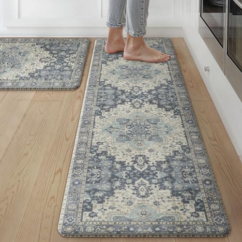 GENIMO Kitchen Mats for Floor 2PCs, Washable Anti Fatigue Mat for Cushioned, 17.3"x59"+17.3"x30", Waterproof Kitchen Rugs, Non Slip Comfort Standing Mat Rug for Home, Sink, Laundry, Center Blue - color: Center Blue, size: 17.3"x59"+17.3"x30"--0.4 inches