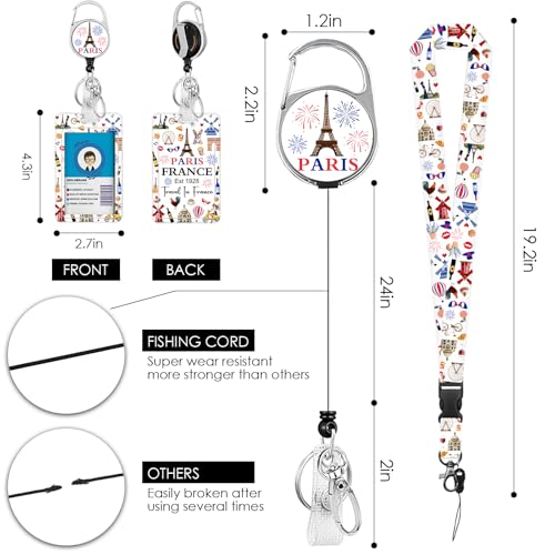 France Lanyards ID Badge, Eiffel Tower ID Badge Holder with Retractable Reel Clip and Keychain, Heavy Duty Vertical Identity Badge Cover Case Protector for Teacher Nurse - color: France-white
