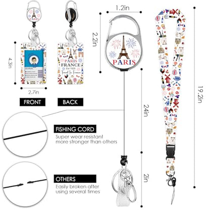 France Lanyards ID Badge, Eiffel Tower ID Badge Holder with Retractable Reel Clip and Keychain, Heavy Duty Vertical Identity Badge Cover Case Protector for Teacher Nurse - color: France-white