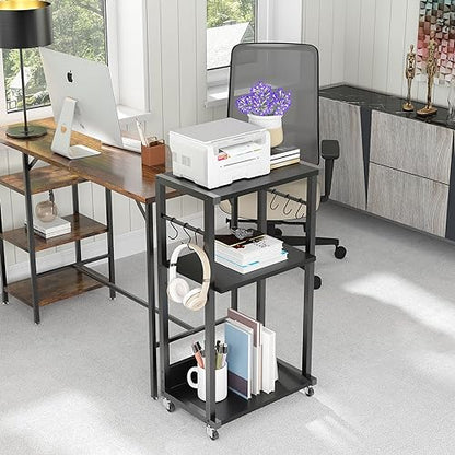 YMYNY Mobile Printer Stand, 3-Tier Printer Cart with Adjustable Storage Shelf and 6 S-Hooks, Tall Printer Table for Home Office, for Computer Tower Stand, Shredder, CPU Stand, Black, UHPT002B - color: Black-3 Tiers